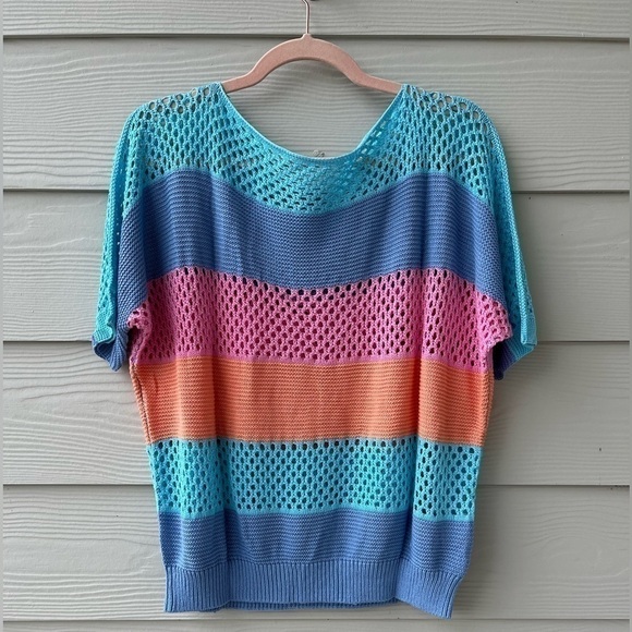 Sky Blue knitted Eyelet color block striped half sleeve top - Picture 2 of 3